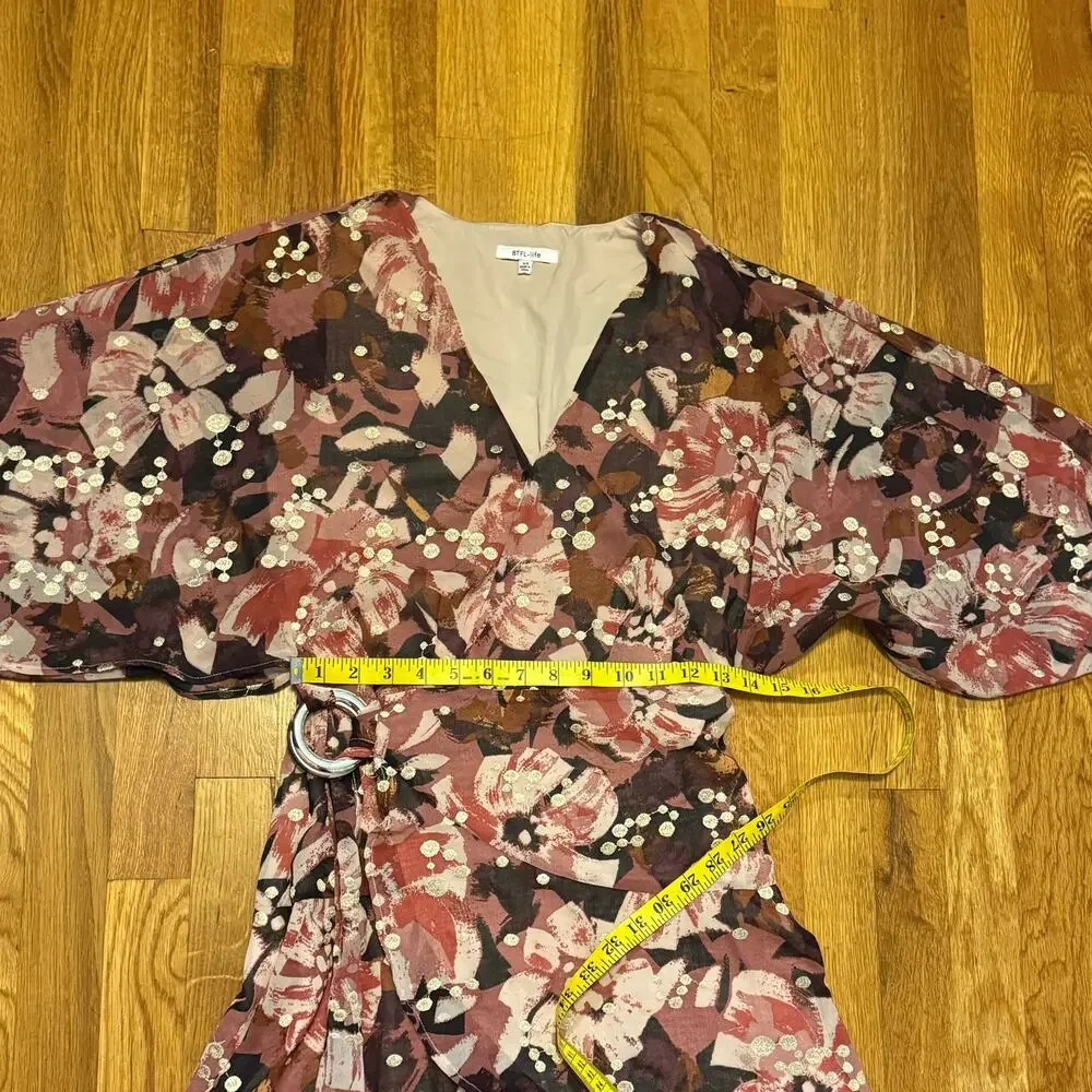 BTFL-Life Women’s XS Pink Gold Floral Plunging Short Sleeve Wrap Mini Dress